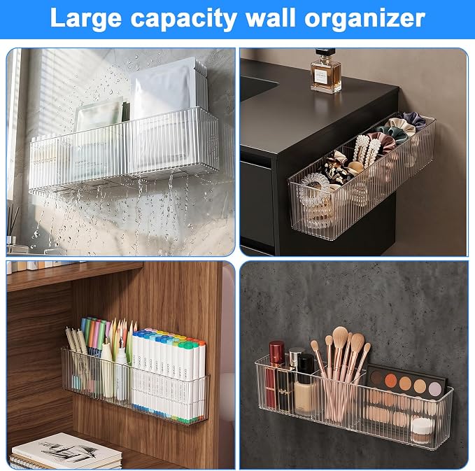 4 Pack Wall Mounted Organizer with 8 Hooks, Acrylic Wall Organizer Clear Floating Shelves for Bathroom, Office, Kitchen, No Drill Adhesive Storage for Makeup, Markers, Coffee Supplies, Remote Controls - Image 5