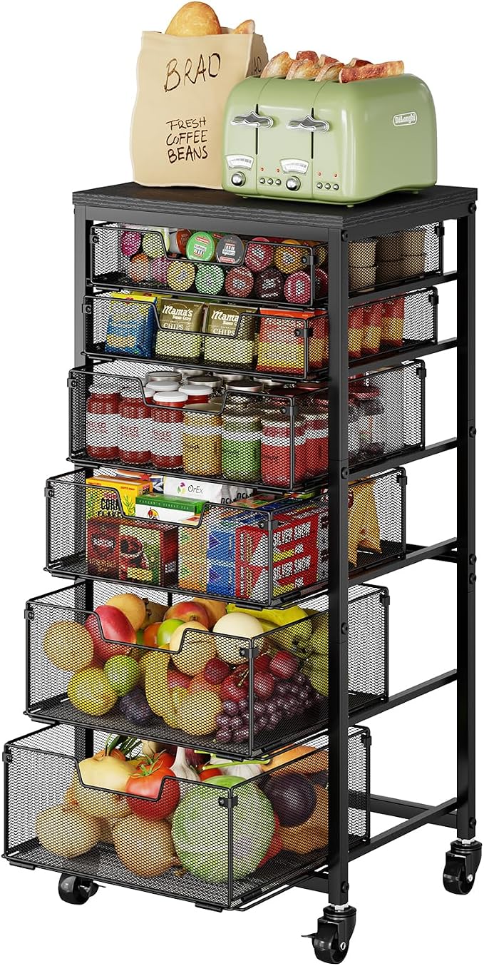 6-Tier Kitchen Storage Cart -Fruit Vegetable Storage Cart with Drawers, Wooden Top Metal Wire Kitchen Organizer and Storage Cart with Wheels to Storage Onions Potatoes Cans Snacks for Kitchen by FollowWithYociyogaTogether
