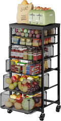 6-Tier Kitchen Storage Cart -Fruit Vegetable Storage Cart with Drawers, Wooden Top Metal Wire Kitchen Organizer and Storage Cart with Wheels to Storage Onions Potatoes Cans Snacks for Kitchen by FollowWithYociyogaTogether