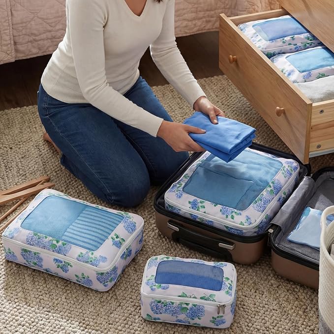 Shinylin 3 Pack Compression Packing Cubes for Travel 3 Size Clothing Bags with Mesh Window for Travel Home Underwear Clothes Accessories Organization Women (Blue Floral) - Image 6
