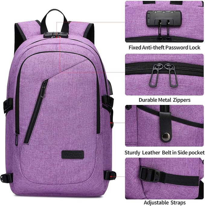 WENIG Laptop Backpack for Women,Business Backpack Anti-Theft Backpack with USB Charging Port and Lock 15.6 Inch Computer Backpacks for Women Men,Purple - Image 5
