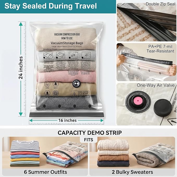 Vacuum Seal Bags for Clothing: Stay Sealed During Travel | Double Zip Seal One-Way Valve - 9-Pack Large Reusable Travel Vacuum Bags with Electric Pump - Strong Suction Air Out in 15s - Image 7