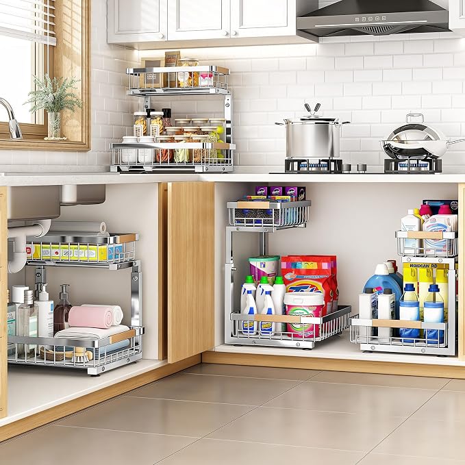 PXRACK Under Sink Organizer, Adjustable Height, 2 Tier Pull Out Cabinet Organizer, Slide Out Thickened Metal Storage for Kitchen Bathroom Laundry Pantry Cabinet, Stainless Steel, Silver, Large-2-Pack - Image 7
