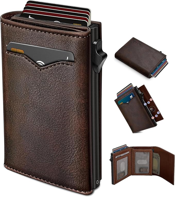 Wallet for Men,with Cash Pocket 2 ID Window 9-13 Cards,Metal Case Smart Slim Pop Up Credit Card Holder Flip with Magnetic Closure RFID Blocking Trifold wallet with Gift Box by Miyozi