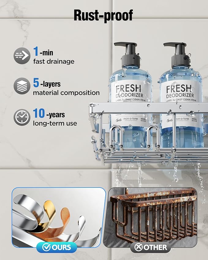 Shower Caddy 7 Pack, Adhesive Bathroom Shower Organizer for Bathroom Storage, No Drilling Large Capacity Rustproof Stainless Steel Shower Shelves Rack for Bath, Silver - Image 5