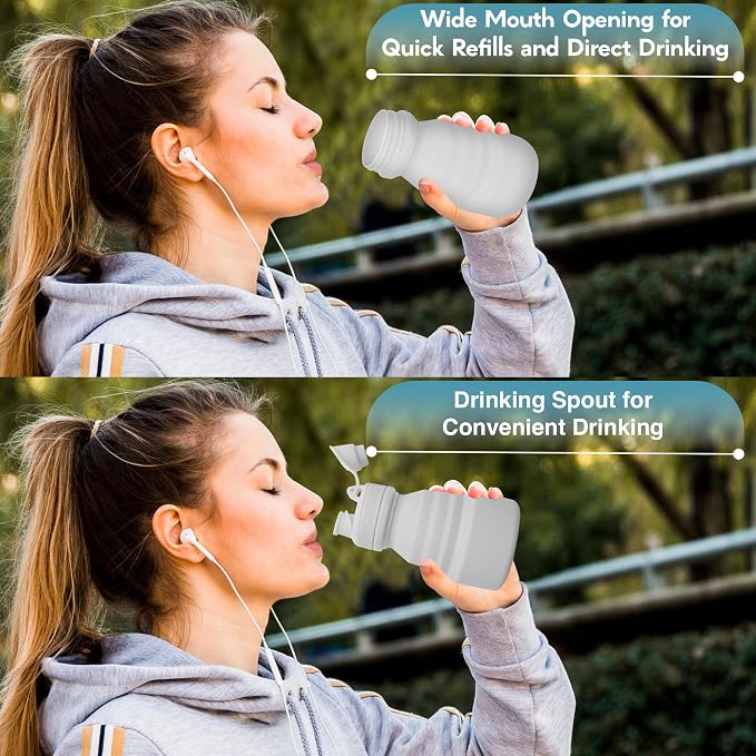 Collapsible Water Bottles 17oz, Odorless BPA-Free Silicone, Leak-Proof Foldable Reusable Bottle - Perfect for Travel Sports Gym Hiking Camping Cycling - Water Gray - Image 7