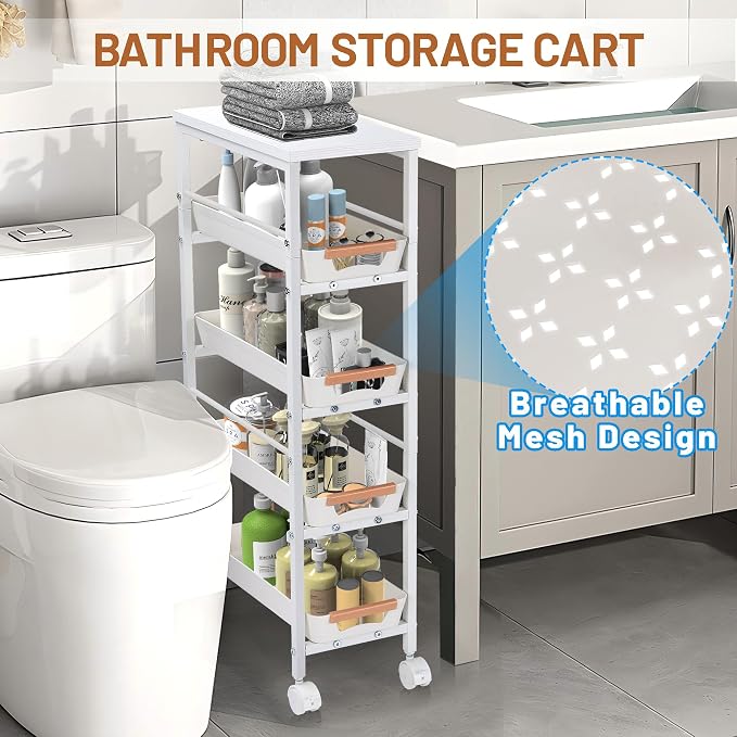 Slim Storage Cart, 5-Tier Narrow Rolling Kitchen Laundry Room Cart with Drawer and Wheels, Metal Utility Cart Slide Out Organizer for Small Spaces (White) - Image 6