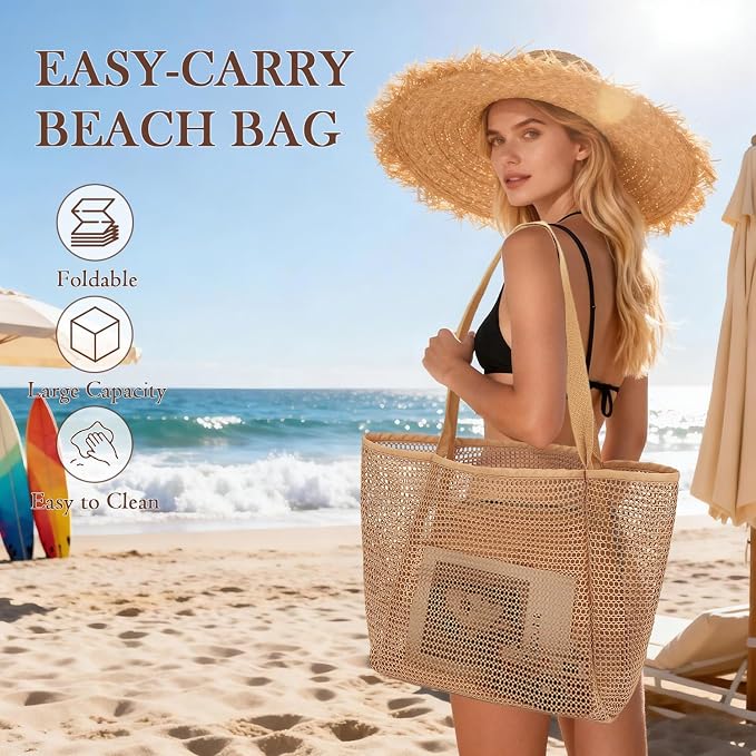 Fammart Mesh Beach Bag for Women, Summer Straw Tote Hobo Pool Bags with Zipper Pocket, Travel Vacation Cruise Essentials 2026 - Image 4