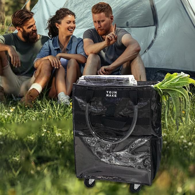 Reusable Grocery Bag On Wheels(Medium -Black), Rolling Tote Bag, Shopping Cart with 8 Pockets and Zipper Cover for Trips, Foldable, Heavy Duty Handles, Carries Up to 46LBS - Image 6