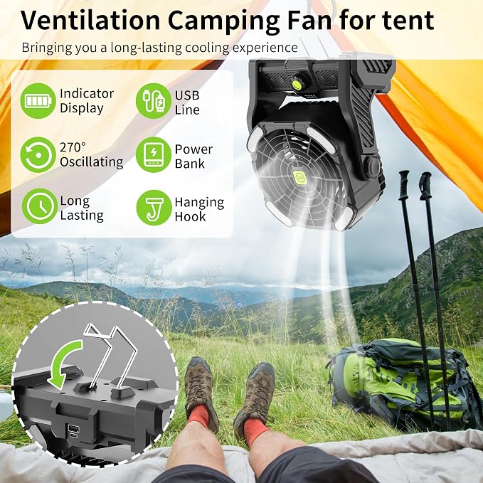 Battery Powered Fan Rechargeable Portable Camping Fan Tent with Light | 20000mAh Cordless Battery Operated Camping Fans with Light,USB Personal Fans Outdoor Camping Essentials Beach Tent for Travel - Image 4
