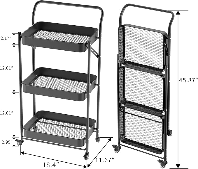 JAQ No Assembly Foldable Rolling Cart, 3 Tier Black Metal Folding Utility Cart with Handle, Heavy Duty Mobile Storage Organizer on Wheels for Office, Garage, Tools & Kitchen (Black) - Image 2