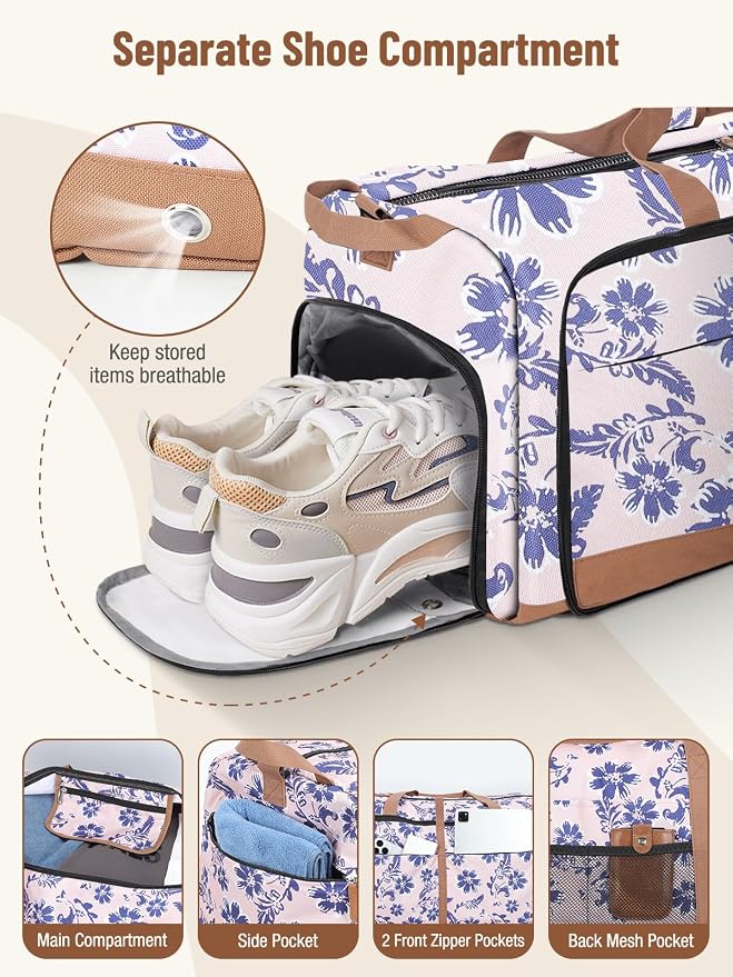 Lekesky Foldable Travel Duffle Bag for Women, Large Duffel Bag with Separate Shoes Compartments & Straps, Carry On Weekend Bag for Women, Hospital, Overnight (Pink Floral Print, 80L) - Image 4