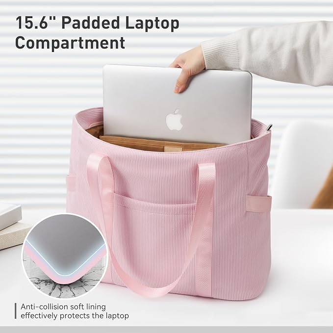 Tote Bag for Women, Casual Hobo Handbags with Compartments | Water Repellent Corduroy Large Capacity Fits 15.6" Laptop Zipper Closure for Travel Work School - Image 7