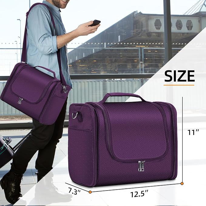 Buruis Extra Large Hanging Toiletry Bag for Women and Men, Purple | Honeycomb Nylon, Detachable Shoulder Strap, Dual Zippers, Metal Hanging Hook, Full-Size Toiletry Storage, Travel Essentials - Image 8