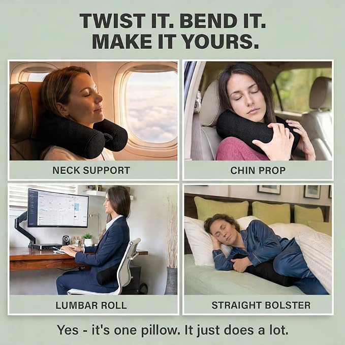 Dot&Dot Twist Memory Foam Travel Pillow, Bendable Neck Pillow for Airplane, Car and Home, 26-Inch Adjustable Roll with Washable Cotton Cover, Black - Image 3