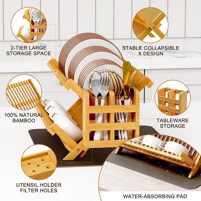 Greenual Bamboo Dish Drying Rack with Utensil Holder, 2 Tier Collapsible Dish Rack, Wooden Dish Racks for Kitchen Counter, Folding Drying Holder with Absorbent Dish Drying Mat - Image 5