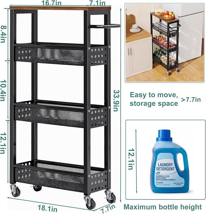 Laundry Room Slim Rolling Cart with Wheels for Between Washer and Dryer Gap | Utility Slim Storage Cart with Table Top, Small Laundry Organizers and Storage Shelves, Thin Shelf for Narrow Spaces, 4 Tier - Image 2