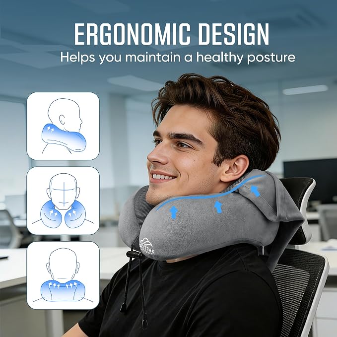 SkytraxComf® Travel Neck Pillow with Hood for Privacy on Long Flights | Memory Foam | Airplane Sleep | Safety-Tested Materials | Extra Large Hood | Chin Support | Earplugs | Washable Cover - Image 3