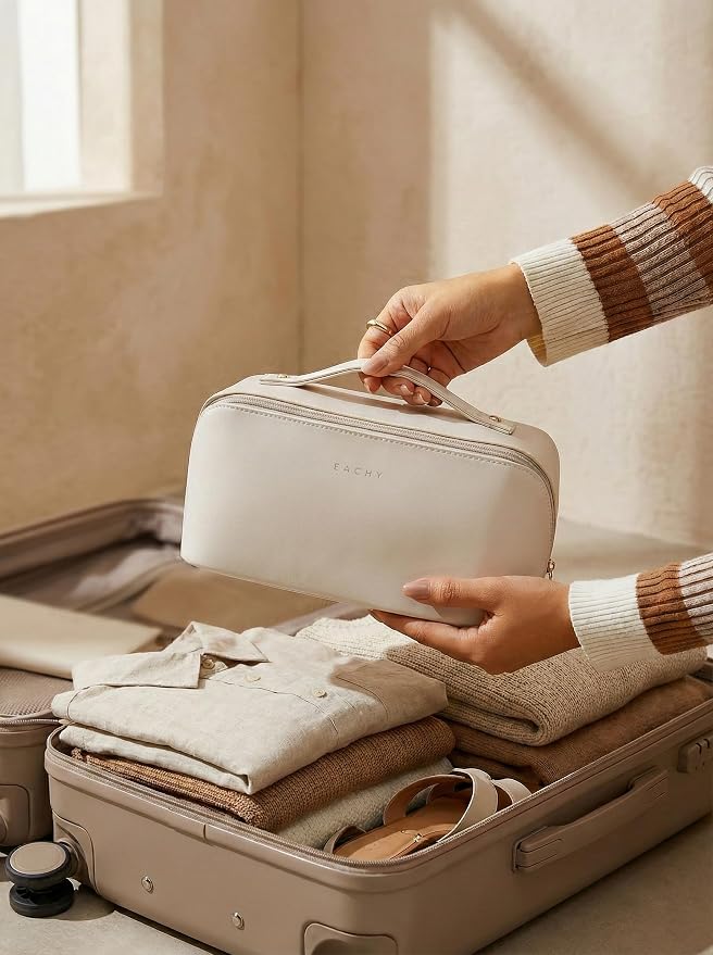EACHY Travel Makeup Bag for Women, PU Leather Cosmetic Bag, White, Medium | Water-resistant PU leather exterior with flat-open access, clear TPU brush compartment and organized storage for cosmetics - Image 7