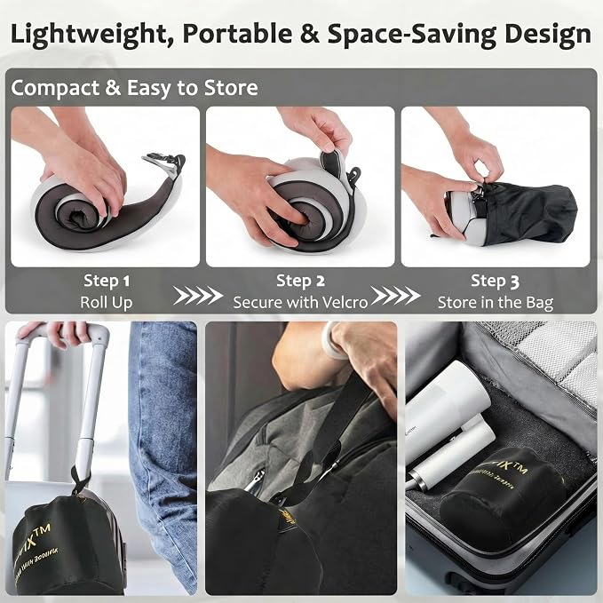Memory Foam Wrap Around Travel Neck Pillow for Airplane, Light Grey | Travel pillow for airplanes with adjustable 360° neck support, breathable, washable cover, eye mask, earplugs & compact bag - Image 4