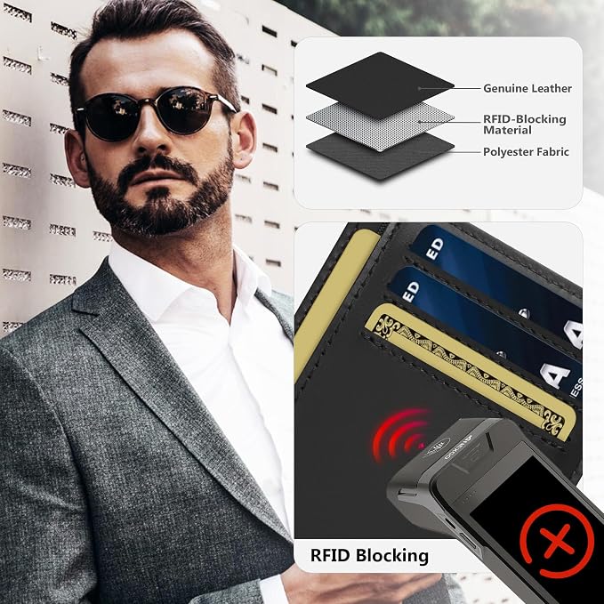 Travelambo 100% Genuine Leather Wallet for Men and Women, Slim Minimalist RFID Blocking Front Pocket Credit Card Holder with Gift Box(CH Black) - Image 3