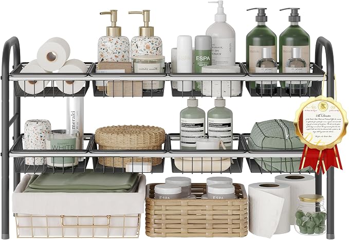 Under Sink Organizers and Storage,Expandable under cabinet organizer Shelf | 2 tier expandable shelf for kitchen and bathroom,8 Baskets,Adjustable partition height,20.7-32.3" W by NETELOfficial