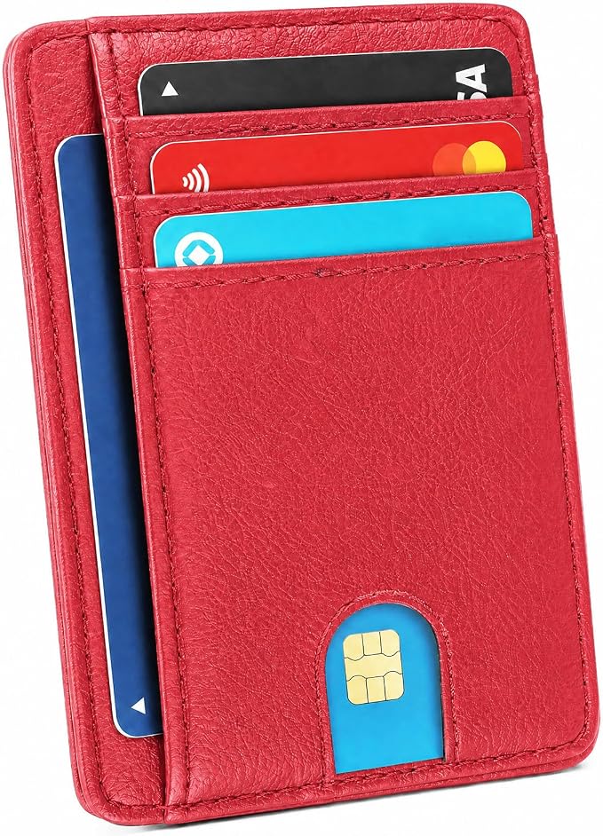 Slim Minimalist Front Pocket RFID Blocking Leather Credit Card Holder, Small Compact Wallet with ID Window for Men and Women (Red) by Unknown