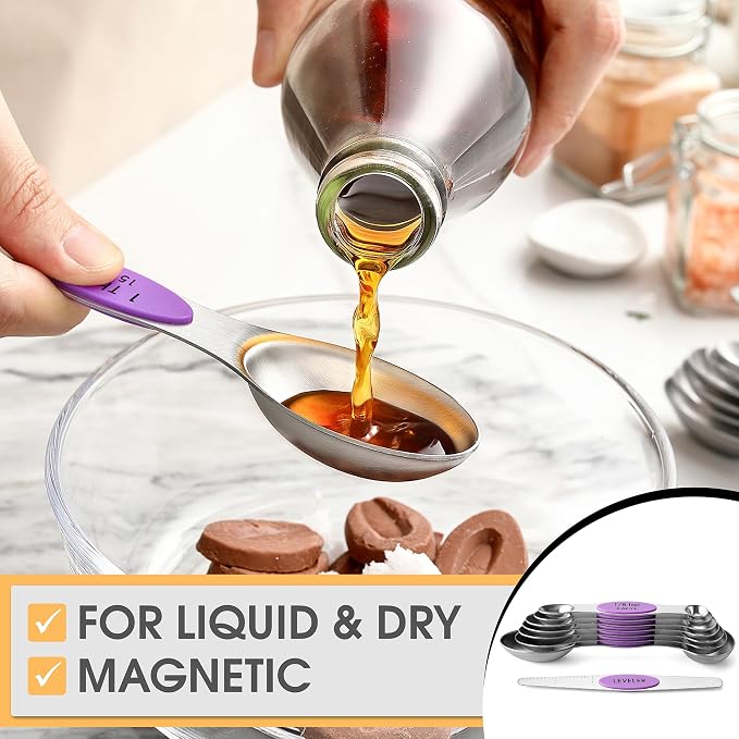 Spring Chef Stainless Steel Magnetic Measuring Spoons Set of 8, Orchid | Nesting Teaspoon & Tablespoon Measuring Spoons w/ Leveler for Dry & Liquid Ingredients, Measure Spoons For Baking & Cooking - Image 4