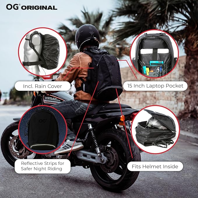 EZ-RiderPRO Waterproof Motorcycle Backpack 2 Helmets 28-35L Black Logo | Expandable design with laptop compartment, helmet strap and reflective details for commuting and motorcycle touring. - Image 5