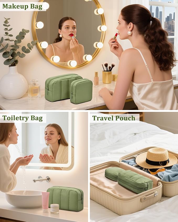 2 Pcs Makeup Bag Travel Toiletry Bag for Women Puffy Padded Cosmetic Pouch Purse Wide-open Makeup Organizer Case Travel Essentials - Image 6