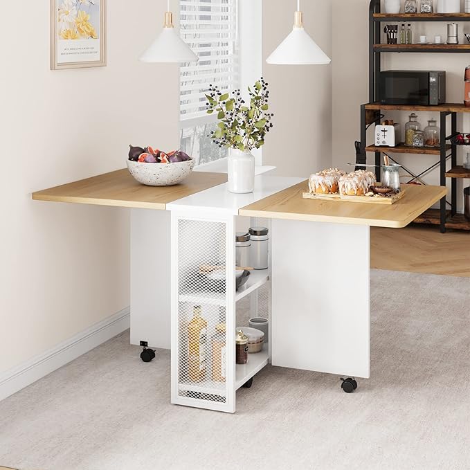 IDEALHOUSE FoldingTable, Drop Leaf Dining Table with 6 Wheels and 2-Layer Storage Shelf, Space Saving Table for Small Spaces (Pear Wood Color and White, 50.1" D x 31.4" W x 29.5" H) - Image 2