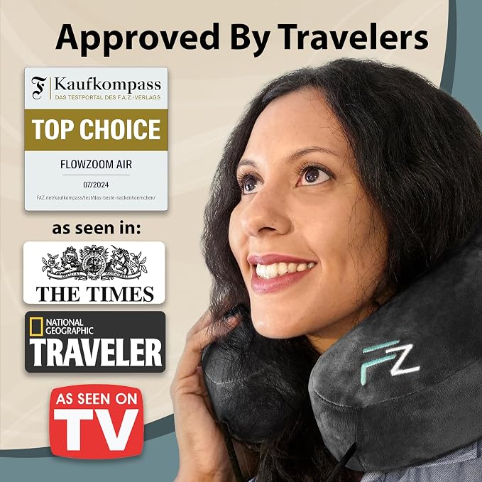 FLOWZOOM Air Inflatable Neck Pillow for Traveling on Plane - H-Shape Hooded Airplane Pillow with 5 Snooze Modes, Fast Inflation, Pressure Control, Cozy Clip-On Hood & Plushy Cover - Size L, Jet Black - Image 8