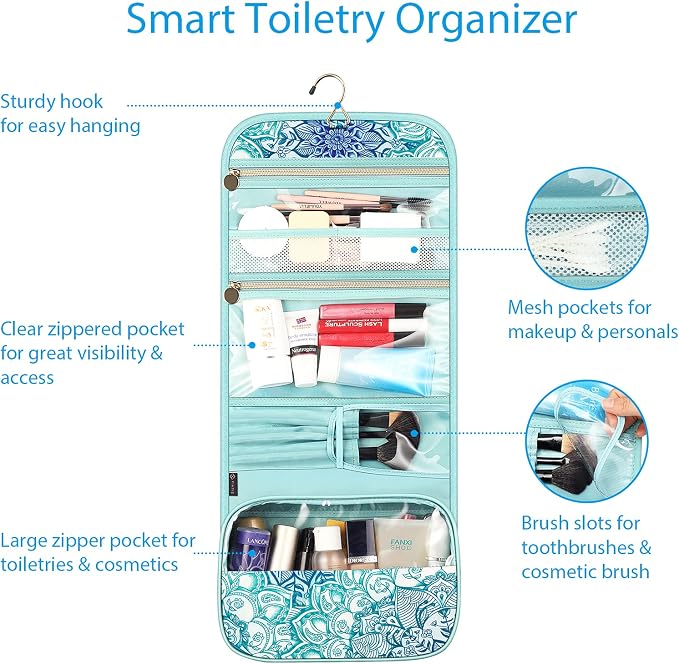 FINTIE Portable Toiletry Cosmetic Travel Bag Hanging Makeup Organizer | Large Water Resistant Storage Pouch Case, For Women Girls, Emerald Illusions - Image 2