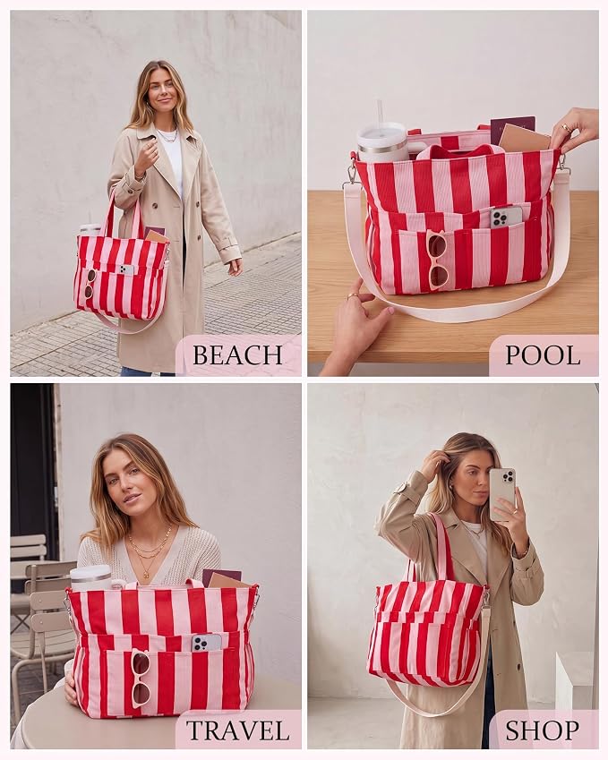 Kacctyen Striped Beach Tote Bag for Women Large Beach Foldable Tote Bag with Zipper Pockets for Travel Pool - Image 7