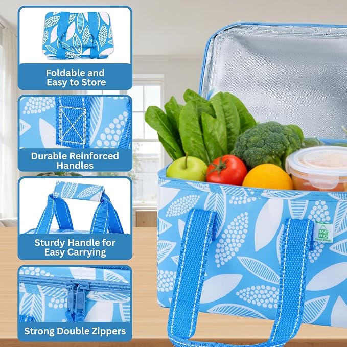VENO 2 Pack Small Cooler Insulated Lunch Bag Reusable Grocery Shopping Bag | Collapsible Lunch Box Tote for Women Men w/ Handles, Dual Zippers, 9L Capacity for Work Office Picnic Beach (Spring Breeze) - Image 5