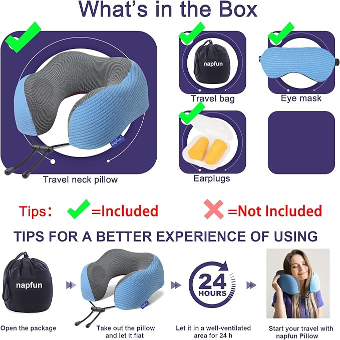 napfun Neck Pillow for Travel with Travel Pouch, Sleep Mask & Earplugs, Memory Foam Airplane Pillow for Headrest Sleep with Eyeshades, Plane Essentials with Eye Blindfold, Sky Blue Striped Kit - Image 6