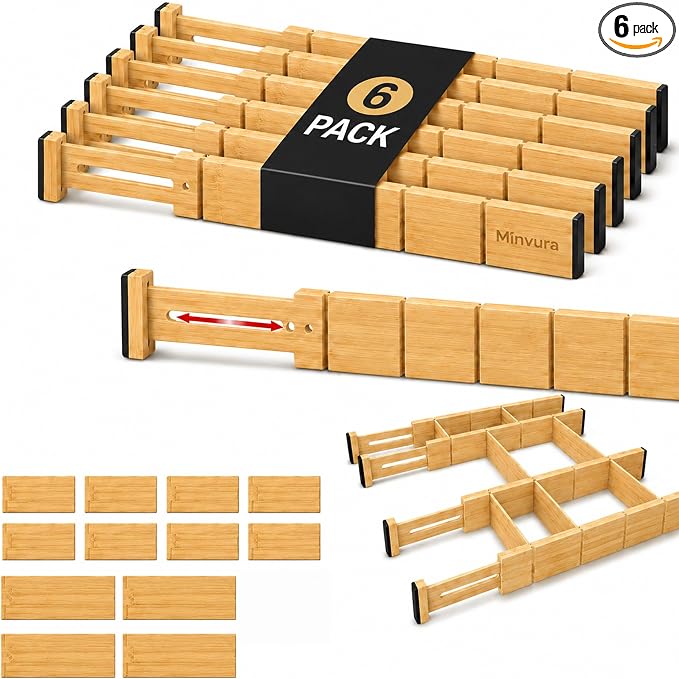 6 Pack Bamboo Drawer Dividers with 12 Inserts, Adjustable 17–22 Inch Expandable Drawer Organizer for Kitchen, Dresser & Closet, Bamboo Kitchen Drawer Organizer, Drawer Divider Set by Unknown