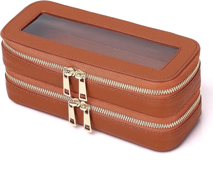 Pinkmik Double Layer Makeup Bag, Brown, Double SLIM | Makeup Brush Case, Waterproof, Travel Cosmetic & Toiletry Organizer, Car Essentials for Women by Pinkmik