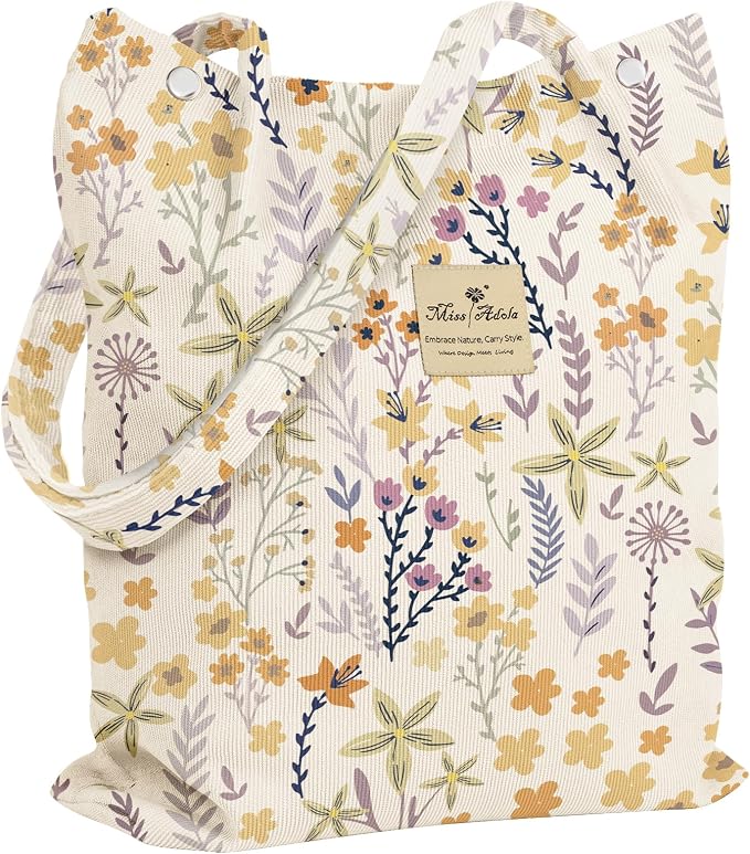 Miss Adola Corduroy Tote Bag for Women with Aesthetic Design | Magnetic Buckle & Pocket, Reusable, Soft, Roomy, Long Shoulder Handles, Double-sided Print, Casual Daily Work, Grocery Bags by MissAdola
