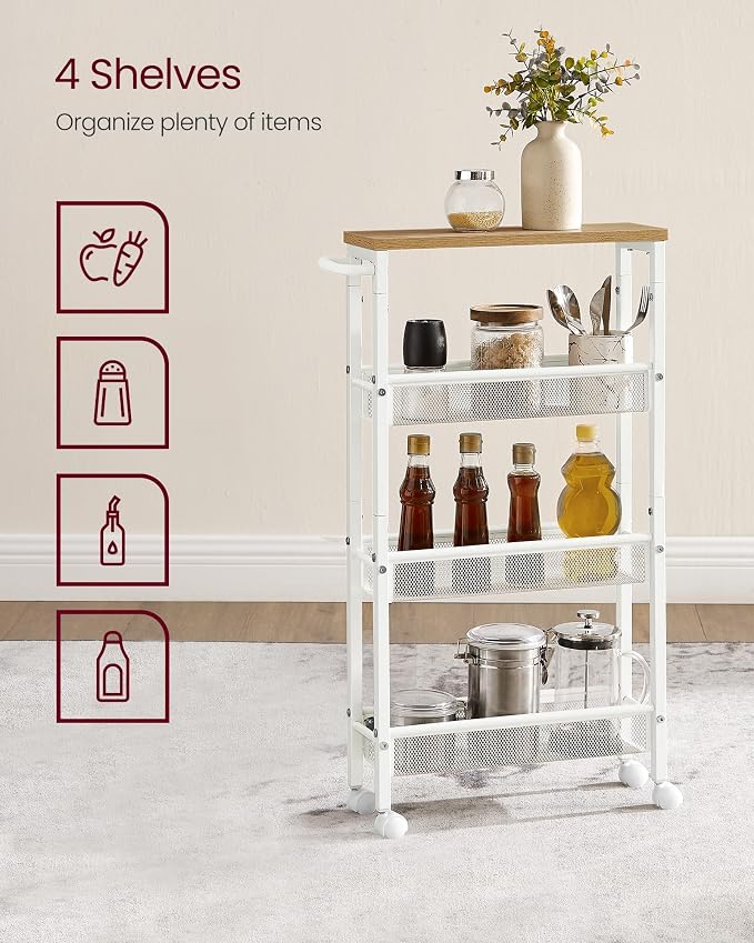 VASAGLE Slim Rolling Cart, 4-Tier, 5.1 Inches Deep, Steel Frame | Storage Cart with Handle, Narrow for Kitchen, Living Room, Golden Oak and Matte White, DACEY Collection ULRC032W09 - Image 4