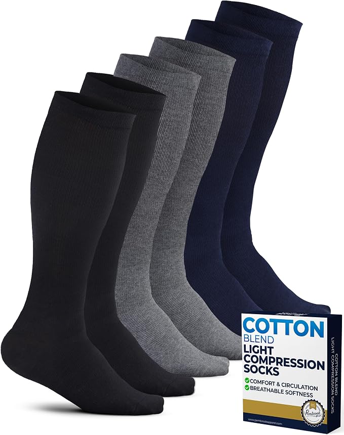 Pembrook Cotton Light Compression Socks for Women & Men - 3 Pairs | 8-15 mmHg Comfort Compression Socks for Men & Women by Pembrook