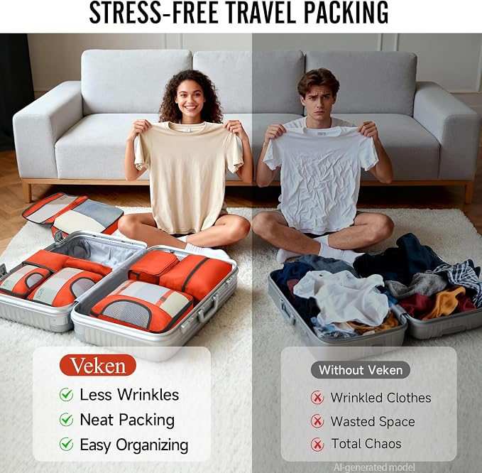 Veken 10 Set Packing Cubes for Travel Essentials,Anti-Wrinkle Buckled Suitcase Organizer for Shoe & Toiletry Bag,Carry On Luggage Bag with 99+ Count Mesh Holes for Airplane & College Dorm Accessories - Image 5