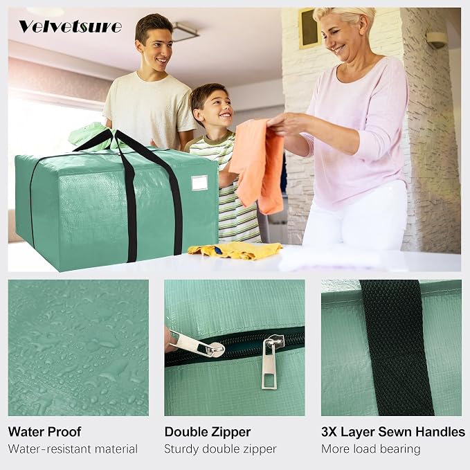 VELVETSURE 6 Pack Heavy Duty Large Moving Bags W/Backpack Straps - Strong Handles & Zippers, Storage Totes For Space Saving, Fold Flat, Alternative to Moving Box and Storage Bin, Teal - Image 3