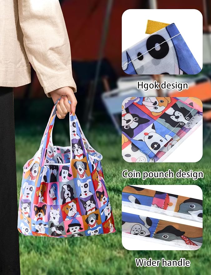 4 Pcs Reusable Grocery Bags, Foldable Shopping Bags Heavy Duty, Large Nano Bag Cute Tote Bag for Daily Shopping, Waterproof and Machine Washable (Animals) - Image 2