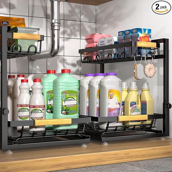 2-Pack 2-Tier Height Adjustable Under Sink Organizer & Storage | Multi-purpose storage for kitchen & bathroom cabinet. Extra Large black shelf, height adjustable design for space-saving. by Sevenblue