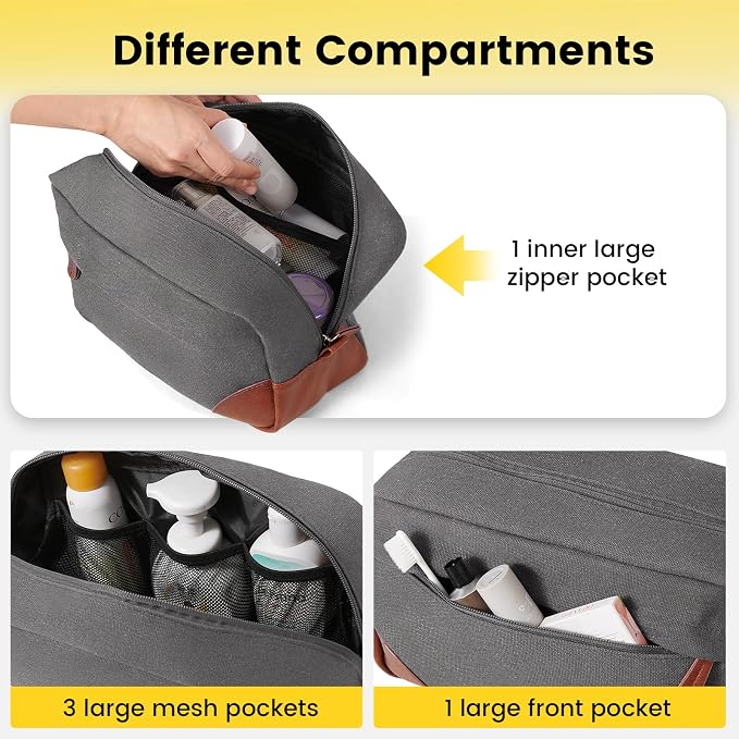 Vorspack Canvas Travel Toiletry Bag for Men, Large, Light Grey | Water-Resistant Travel Bag for Toiletries, Large Capacity, Organized Compartment, Suitable for Shaving, Grooming, Accessories - Image 3