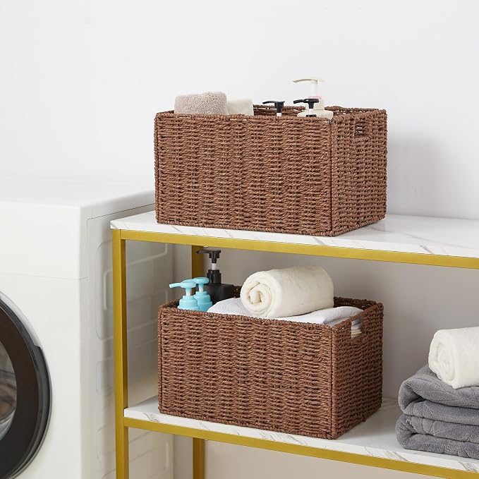 Large Wicker Storage Basket, Set of 2 Baskets for Organizing Brown | Hand-Woven Wicker Small Storage Baskets for Organizing Toilet Paper, Foldable Large Cube Storage Organizer Bins for Shelves - Image 3
