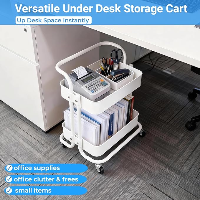 2 Tier Cart with Wheels Under Desk Storage with Handle, Metal Rolling Pantry Cart for Kitchen White Small Rolling Basket for Laundry Room Bathroom, Utility Shelf Organizer for Small Space - Image 5
