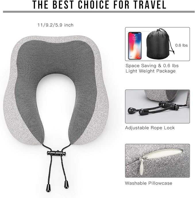 MLVOC Neck Pillow for Traveling, Upgraded 100% Pure Memory Foam Travel Neck Pillow for Airplane Flight Sleep, Breathable & Machine Washable Cover, Travel Kit with 3D Eye Mask, Earplugs & Bag, Grey | memor foam - Image 5
