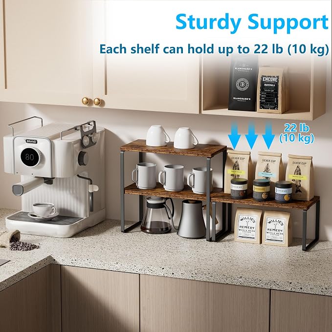 Golener Kitchen Counter Organizer, Countertop Shelf, Adjustable, Stackable | Kitchen Countertop Organizer, Spice Rack, 2-Tier Countertop Shelves, Corner Desk Shelf, Corner Counter Shelf, Rustic Brown - Image 4